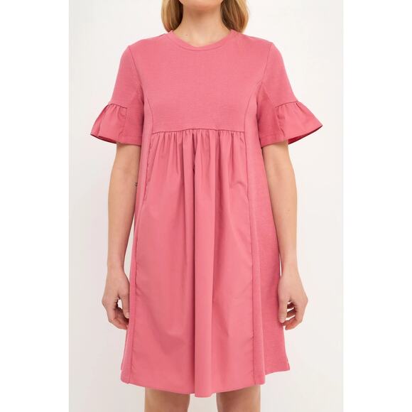 ENGLISH‎ FACTORY MIXED MEDIA SHORT-SLEEVE MINI DRESS Dusty Pink Size Medium Cute - Picture 1 of 16